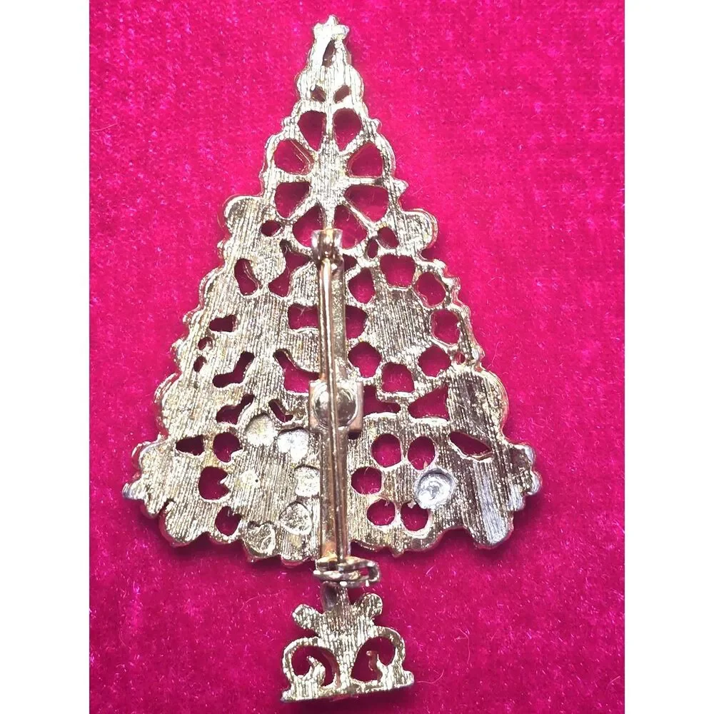 Vintage Rhinestone Christmas Tree Brooch Gold Tone Holiday Pin Enamel Gold Tone